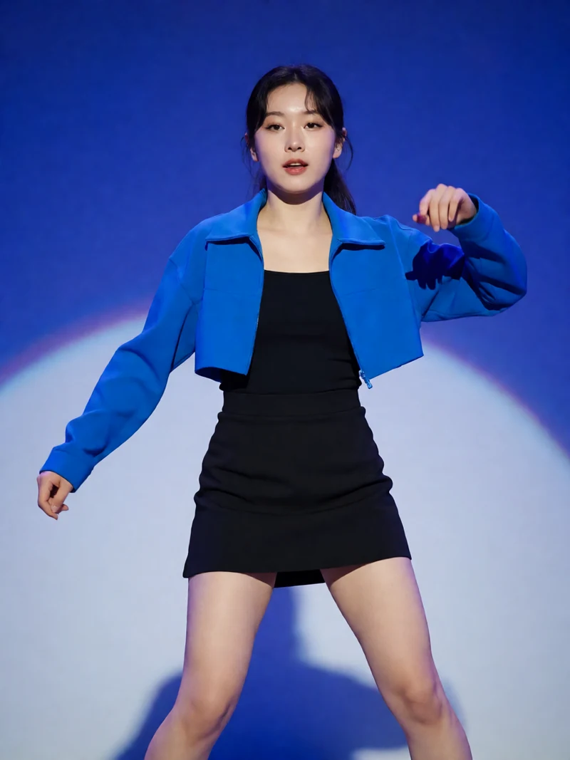 成年女性穿蓝色短外套和黑裙,在蓝色追光下做侧步舞姿