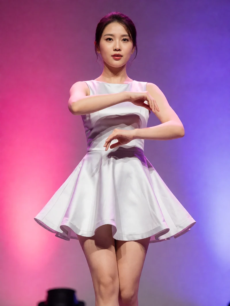 成年女性穿银白短礼服在粉紫色侧光舞台上转身