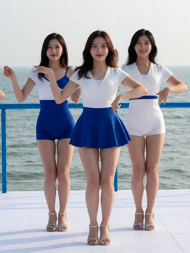 三位成年女性穿白蓝舞台服在海边活动台同向踏步